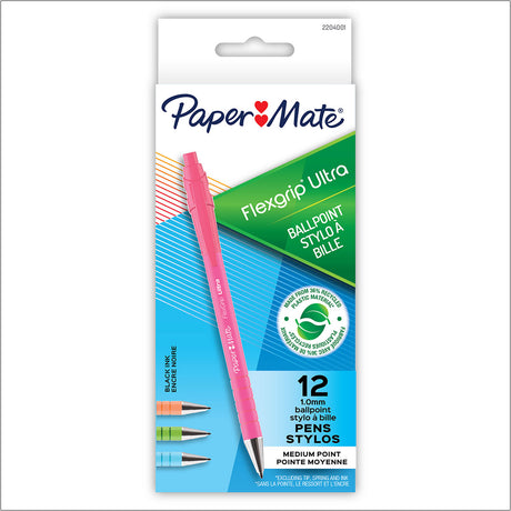 Paper Mate Flexgrip Ultra Black Ink Pens Medium Assorted Color Barrels 12 CT